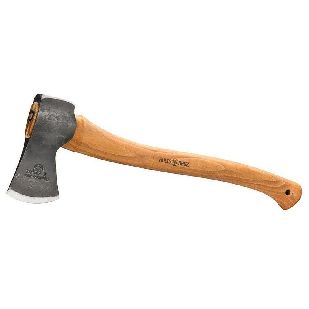 A side view of the Hults Bruk Aneby Hatchet with a natural wooden handle and charcoal/ graphite head against a white background.