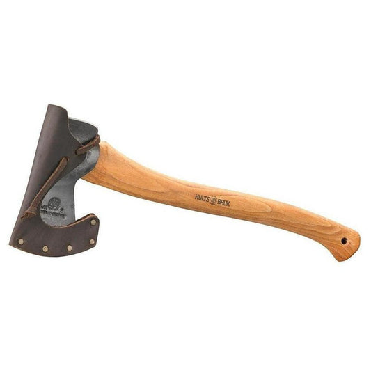 A side view of the Hults Bruk Aneby Hatchet with a natural wooden handle and charcoal-colored metal head against a white background.