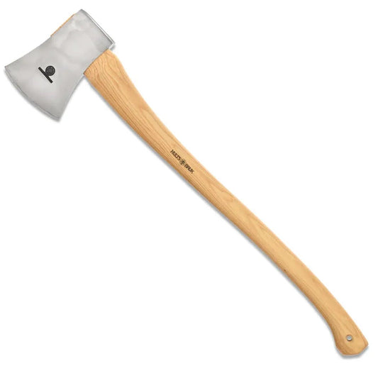 A natural, complete sentence describing the photo: "Side view of the Hults Bruk Arvika 5 Star Racing Axe with a light wooden handle and a silver axe head against a white background.