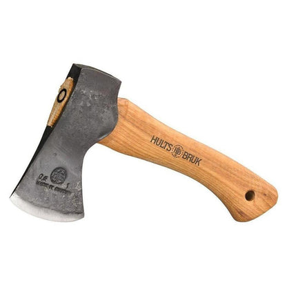 A side view of the Hults Bruk Ågelsjön Hatchet with a natural wood handle and charcoal-colored head against a white background.