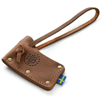 A brown leather Hults Bruk Hult / Kvillinge /Jakobsdal Replacement Sheath with a loop and a small Swedish flag tag, shown from a top-down angle on a white background.