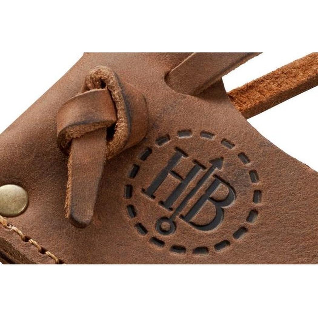 A close-up of the Hults Bruk Hult / Kvillinge /Jakobsdal Replacement Sheath in brown leather showing the embossed HB logo and a leather loop.