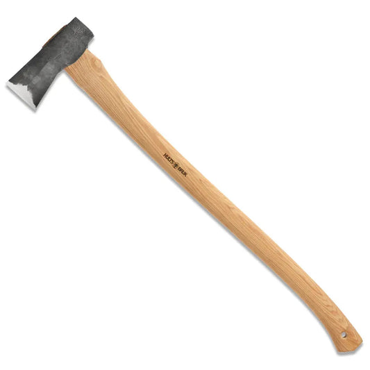 A side view of the Hults Bruk Kvillinge Replacement Handle axe handle with a natural wood finish and a charcoal-colored metal head against a white background.