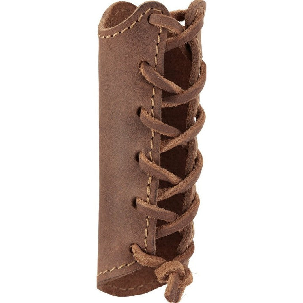 A close-up of the Hults Bruk Overstrike Guard in brown showing the laced design and stitching against a white background.