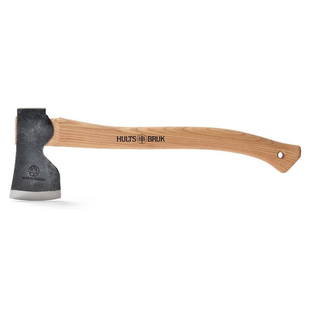 A side view of the Hults Bruk Spika Hunting and Forest Axe with a natural wooden handle and charcoal-colored head against a white background.