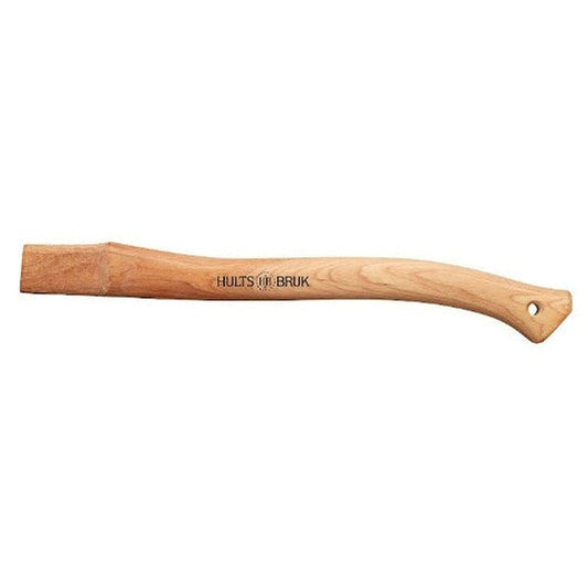 A side view of the Hults Bruk Spika Replacement Handle with a natural wood finish and a hole at the end, against a white background.