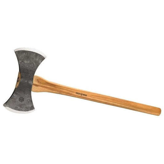 A side view of the Hults Bruk Wetterhall Double Bit Axe with a 30” handle and charcoal/ graphite head against a white background.