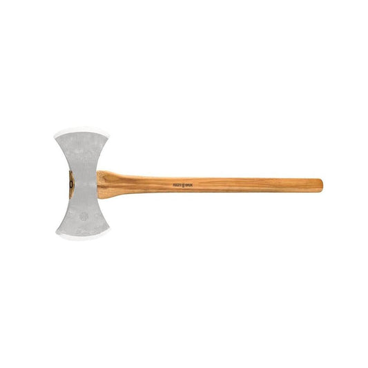 A side view of the Hults Bruk Wetterhall Replacement Handle - 30” axe handle with a wooden shaft and metal head against a white background.