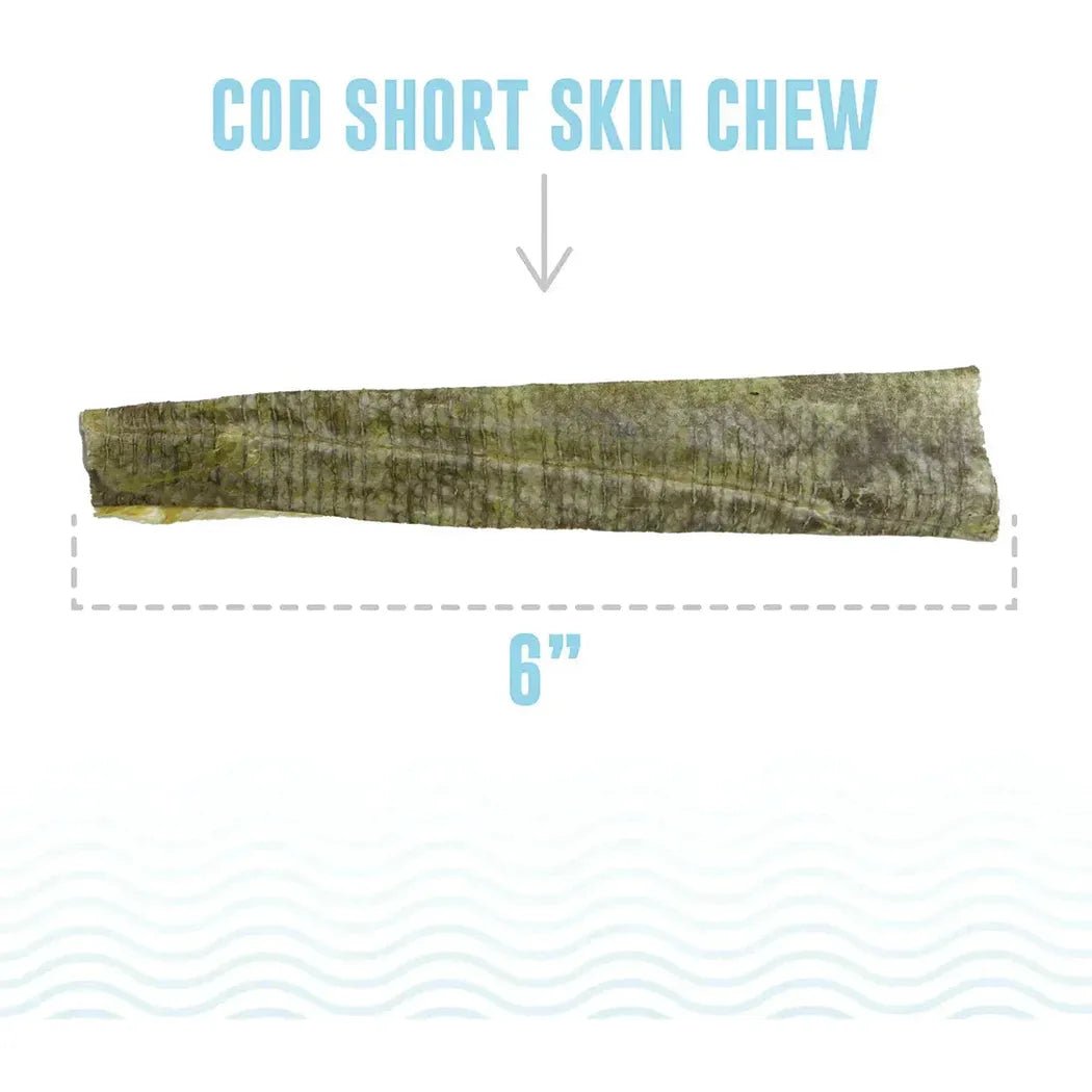 A 6-inch long Cod Short Skin Chew for dogs is shown against a white background with a wavy blue line at the bottom.