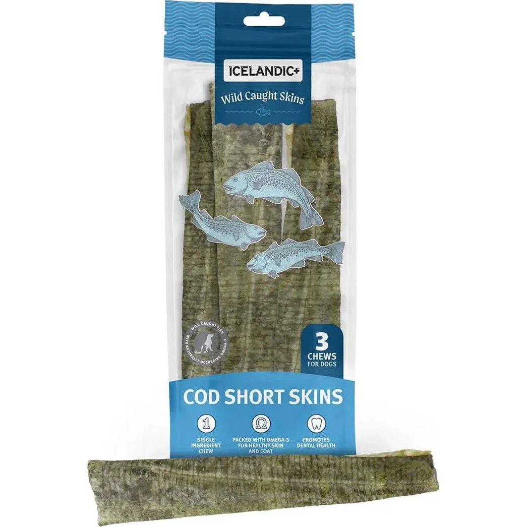 A front view of the Icelandic+ 100% Wild-Caught Icelandic Cod Skin Chews for Dogs package showing three fish illustrations and a single cod skin chew below.