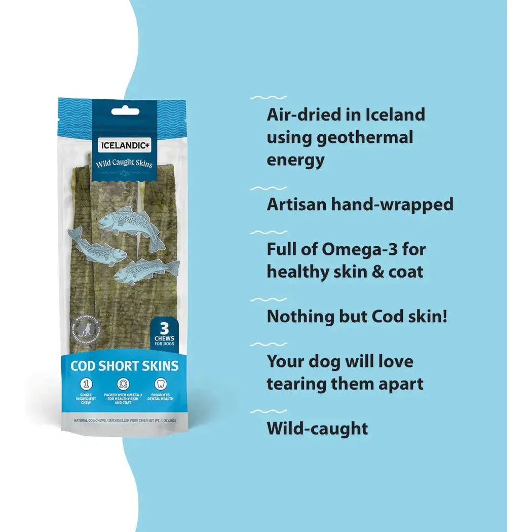 A front view of the Icelandic+ 100% Wild-Caught Icelandic Cod Skin Chews for Dogs package on a light blue background with descriptive text.