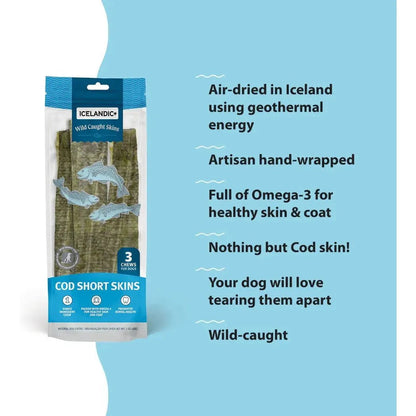 A front view of the Icelandic+ 100% Wild-Caught Icelandic Cod Skin Chews for Dogs package on a light blue background with descriptive text.