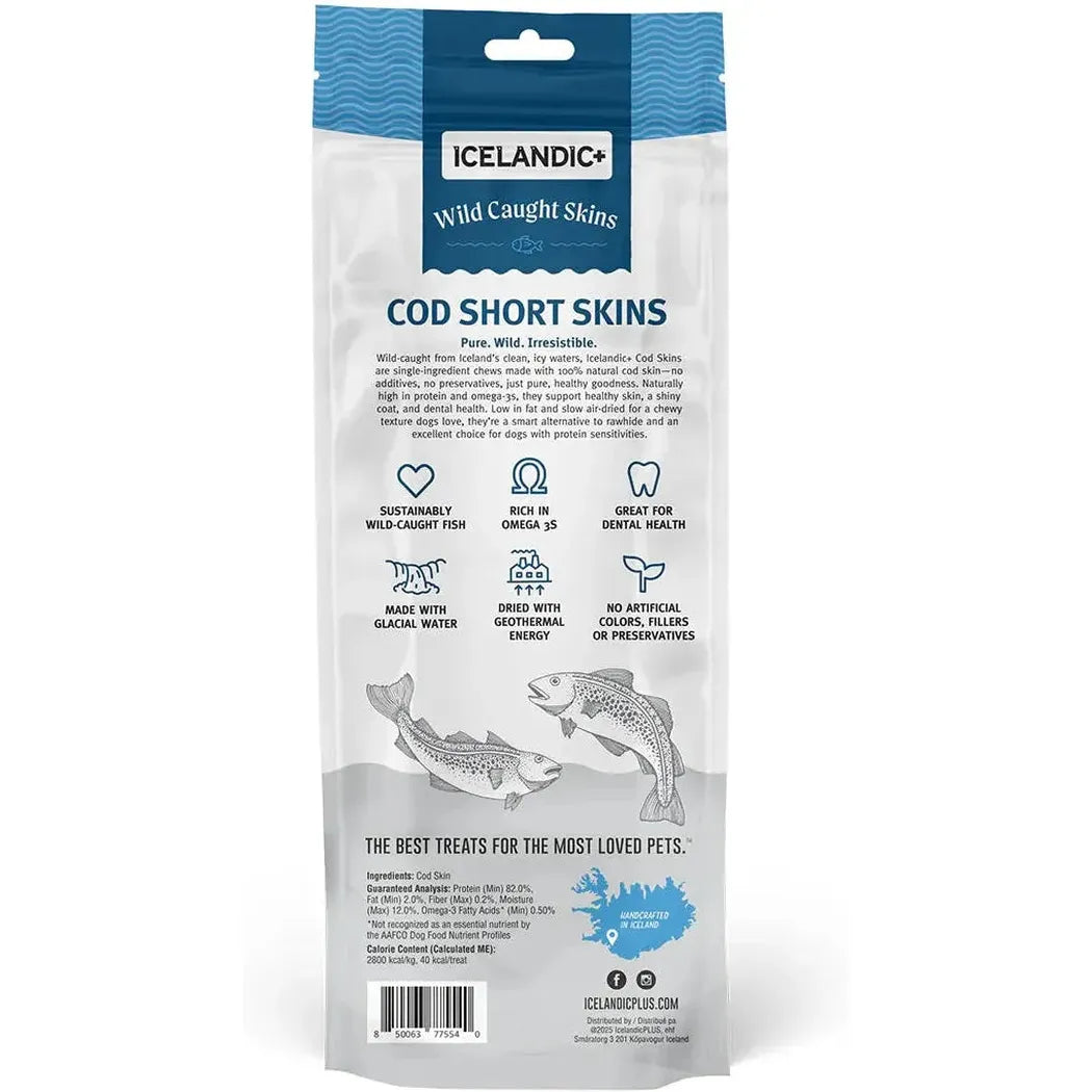 Back of the Icelandic+ 100% Wild-Caught Icelandic Cod Skin Chews for Dogs package showing fish illustrations and product details.