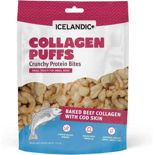 A front view of the Icelandic+ Collagen Puffs bag showing the baked beef collagen treats and blue and pink packaging.