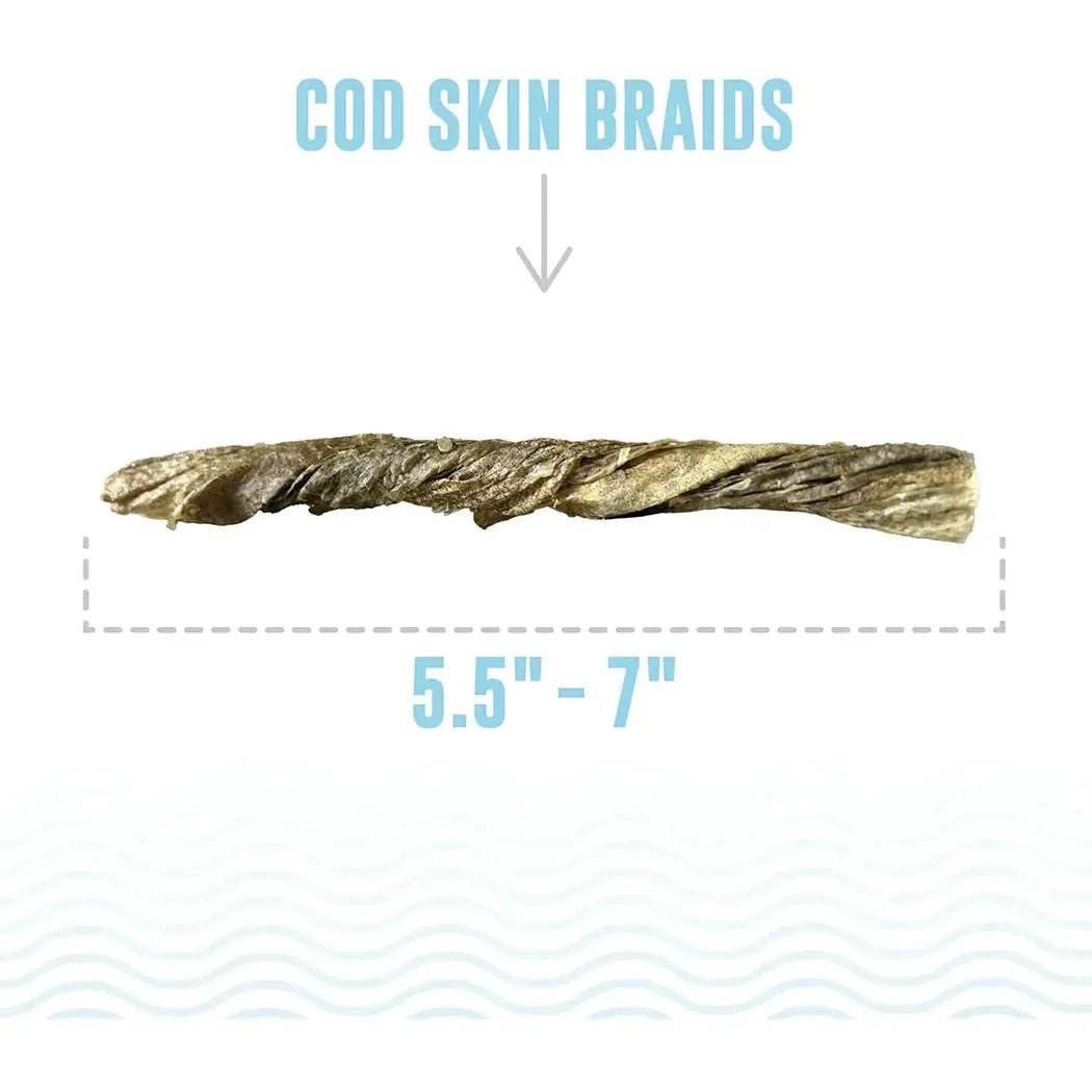 A close-up of the Icelandic+ Cod Skin Braids for Dogs (5pk) showing the twisted texture and 5.5"-7" length against a white background.