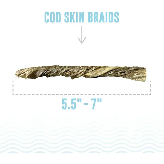 A close-up of the Icelandic+ Cod Skin Braids for Dogs (5pk) showing the twisted texture and 5.5"-7" length against a white background.