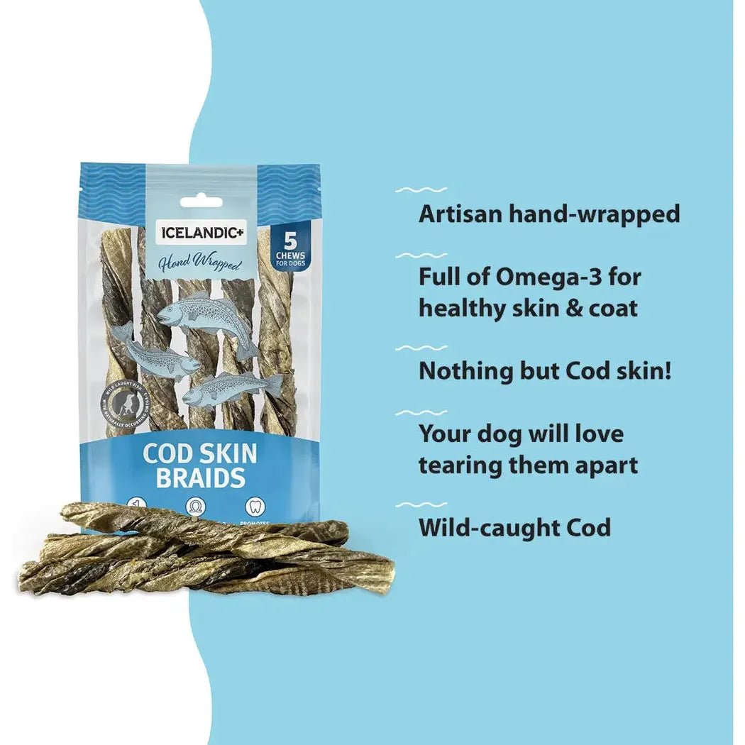 Side view of the Icelandic+ Cod Skin Braids for Dogs (5pk) package and braids on a light blue background.