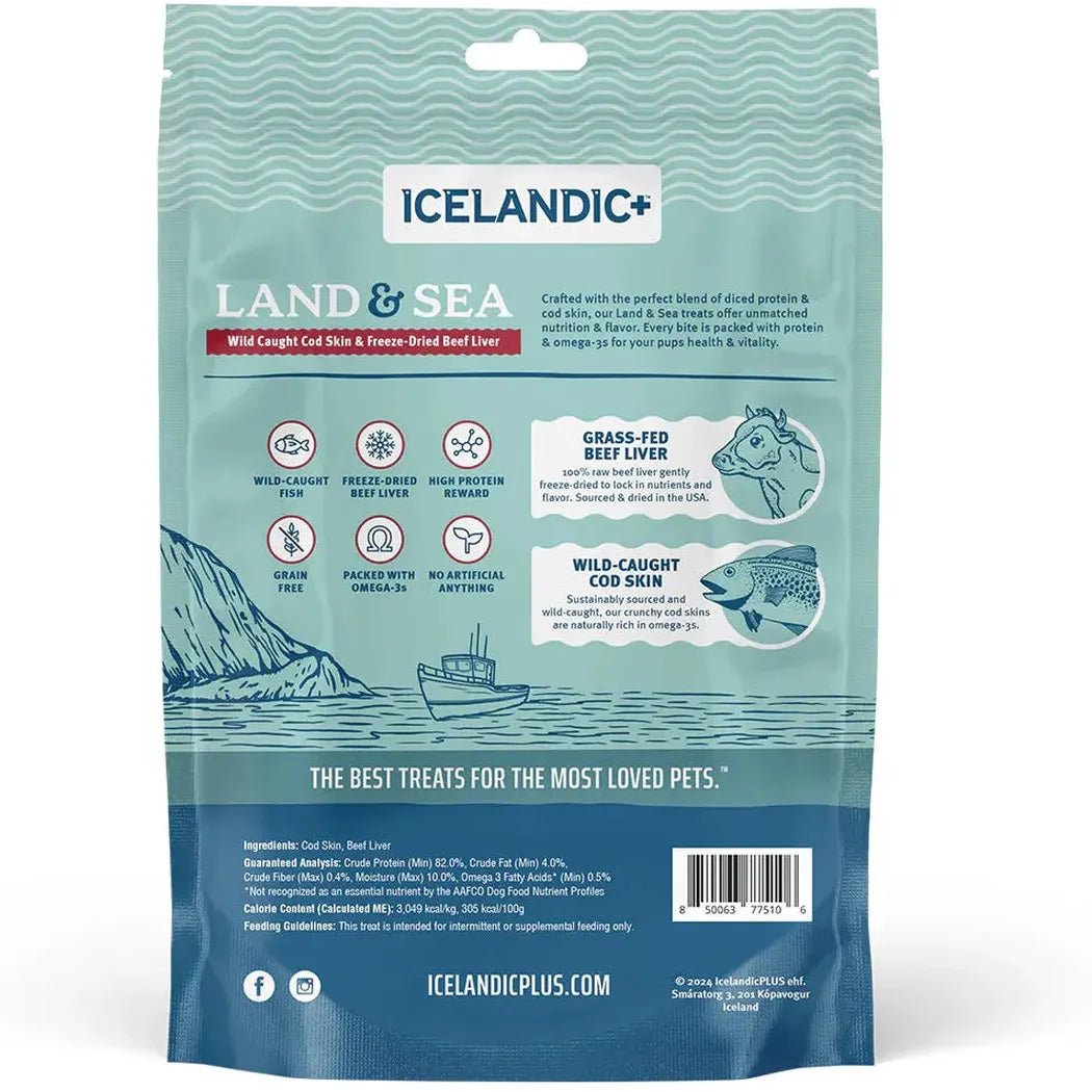 Back of Icelandic+ Land & Sea dog treats package showing product details and a blue ocean background.
