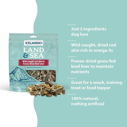 A package of Icelandic+ Land & Sea dog treats with a mountain graphic and some treats spilled out in front, on a light blue background.
