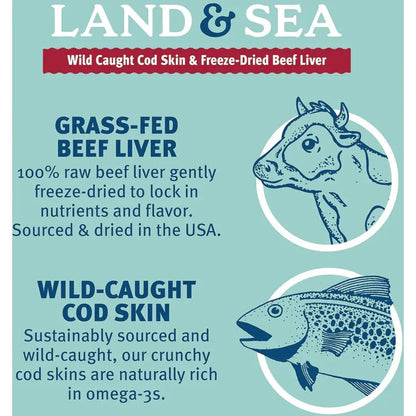 Close-up of the Land & Sea dog treats package showing the cod skin and beef liver illustrations on a teal background.