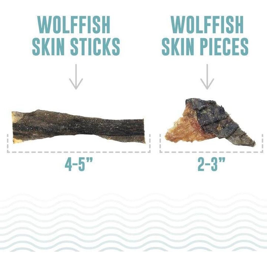 Wolffish skin sticks and pieces dog treats shown in 4-5" and 2-3" sizes against a white background with wavy lines.