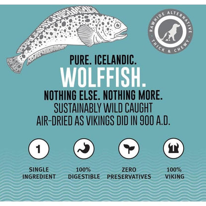 Side view of the Icelandic Wolffish dog treats bag showing the wolfish illustration and "Pure Icelandic Wolffish" text on a teal background.