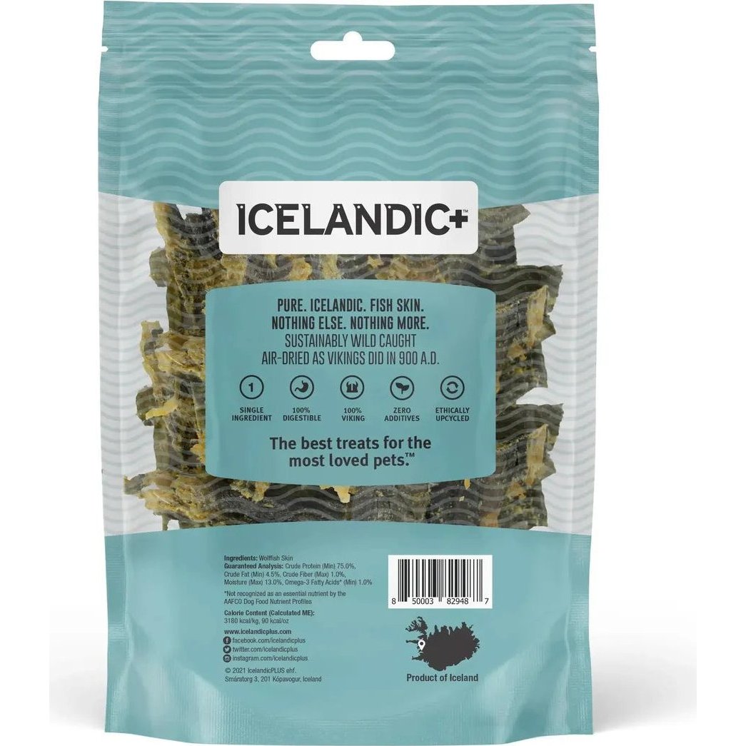 Back view of the Icelandic+ Wolffish Skin Sticks & Pieces Dog Treats bag showing the product label and barcode against a white background.