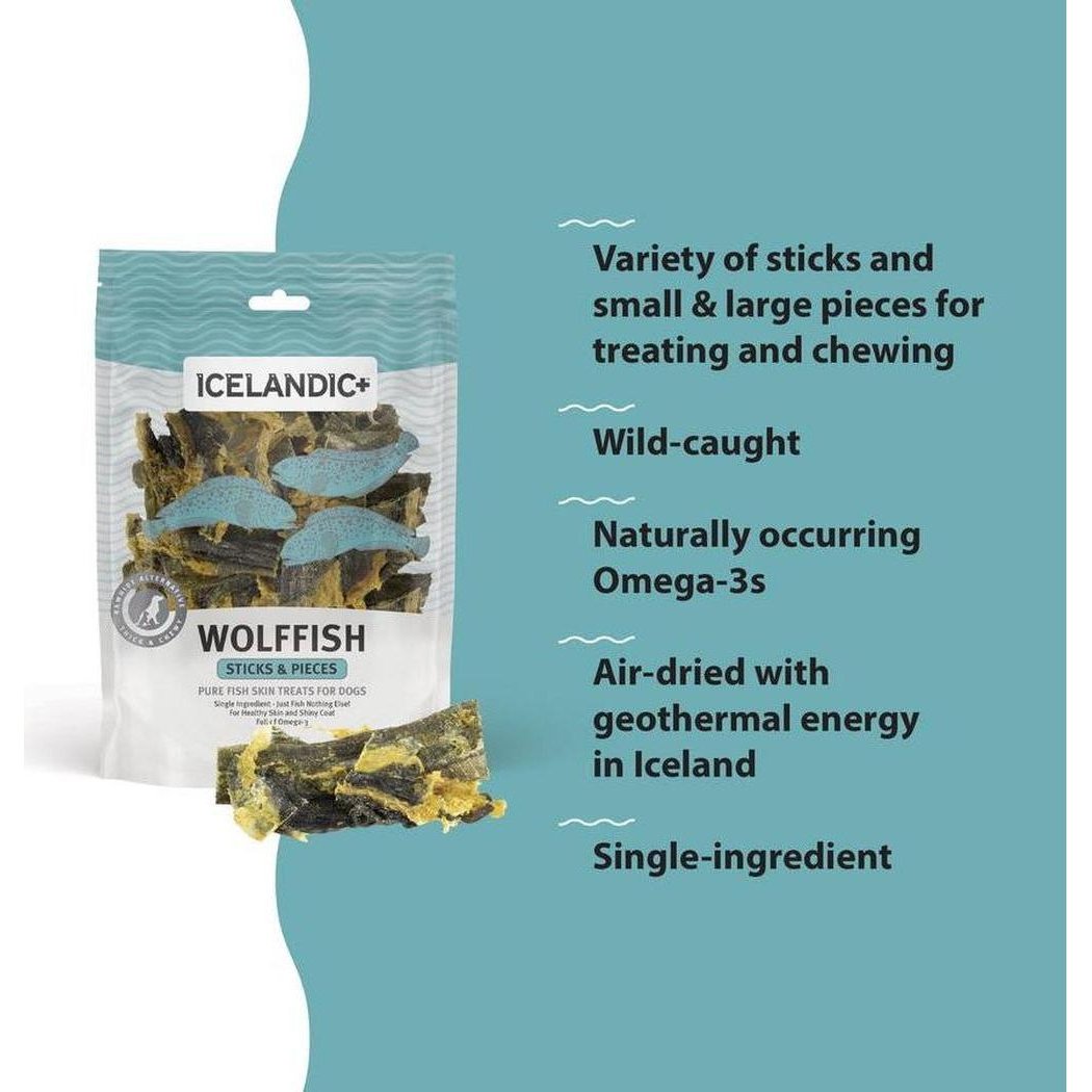 A package of Icelandic+ Wolffish Skin Sticks & Pieces dog treats with a few pieces in front, against a teal background.