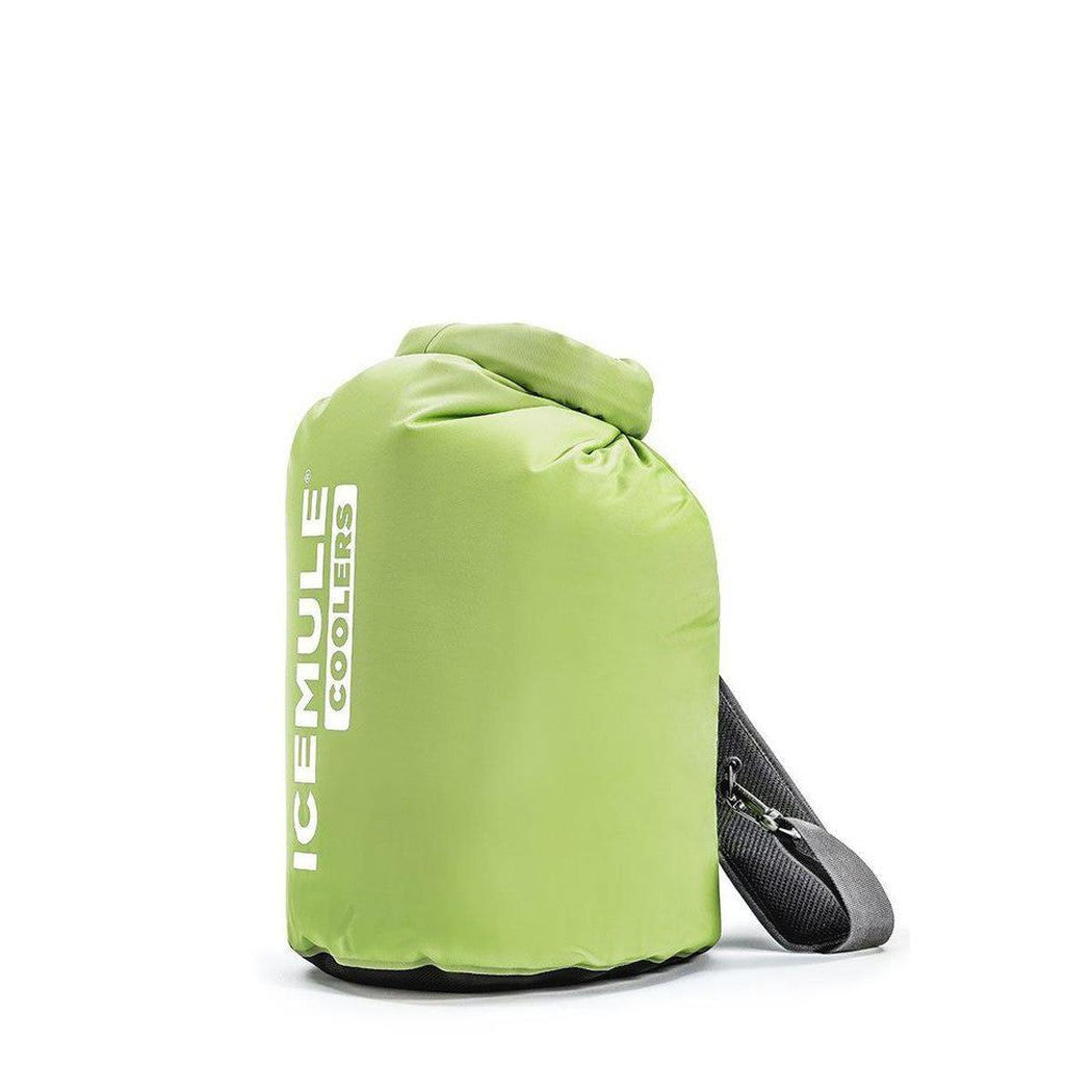 Side view of the IceMule Coolers Classic Cooler Large 20L in Crimson Red with a black shoulder strap against a white background.