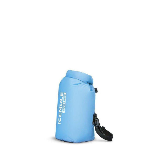 A side view of the IceMule Coolers Classic Cooler Mini 9L in IceMule Blue with a black strap against a white background.