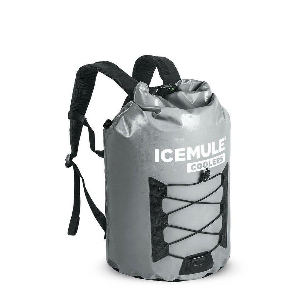 A front view of the IceMule Coolers Pro Cooler Large 23L in Black with a bungee cord closure and black straps against a white background.