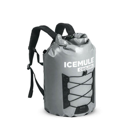 A front view of the IceMule Coolers Pro Cooler Large 23L in Black with a bungee cord closure and black straps against a white background.