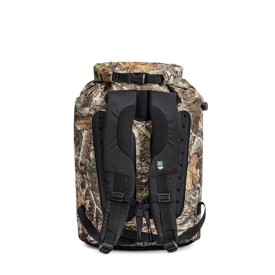 Back view of the IceMule Coolers Pro Cooler Large 23L showing padded shoulder straps and a camouflage exterior against a white background.