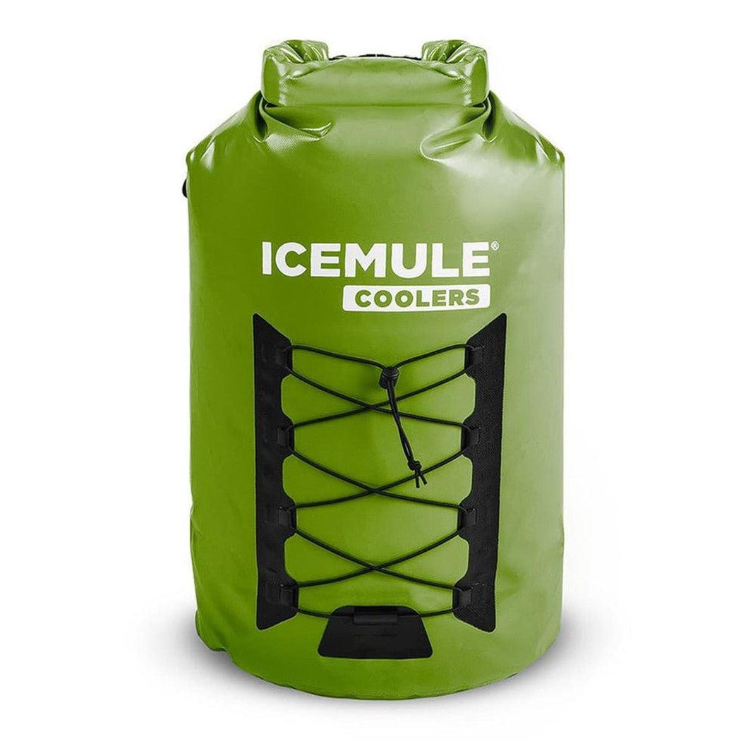Front view of the black IceMule Coolers Pro Cooler X-Large 33L with bungee cord closure against a white background.