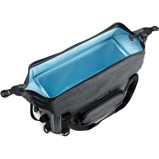Top-down view of the IceMule Coolers Traveler 35L showing its blue interior and charcoal exterior against a white background.