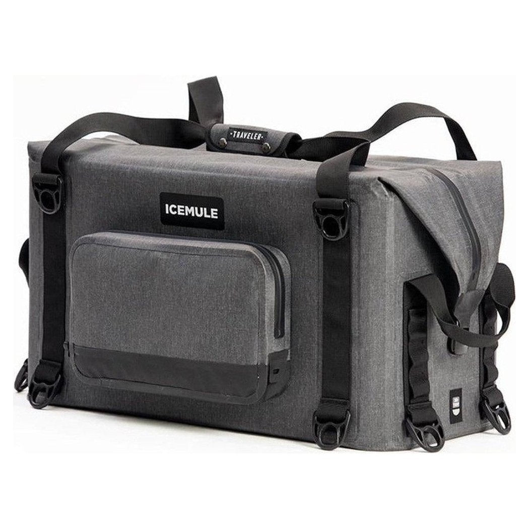 A front view of the IceMule Coolers Traveler 35L in Snow Grey showing the front pocket and straps against a white background.