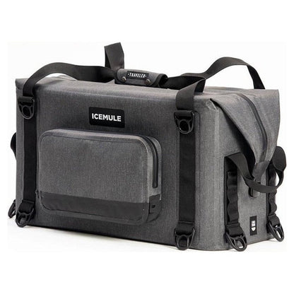 A front view of the IceMule Coolers Traveler 35L in Snow Grey showing the front pocket and straps against a white background.