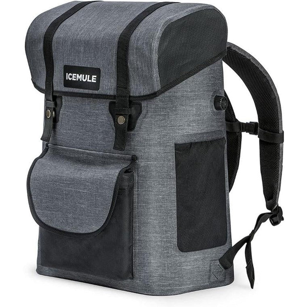 A front view of the IceMule Coolers Urbano 30L in Snow Grey showing the front pocket and mesh side pocket against a white background.