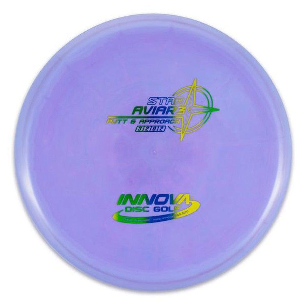 A top-down view of the blue Innova Disc Golf Star Aviar X3 disc showing the logo and brand name.