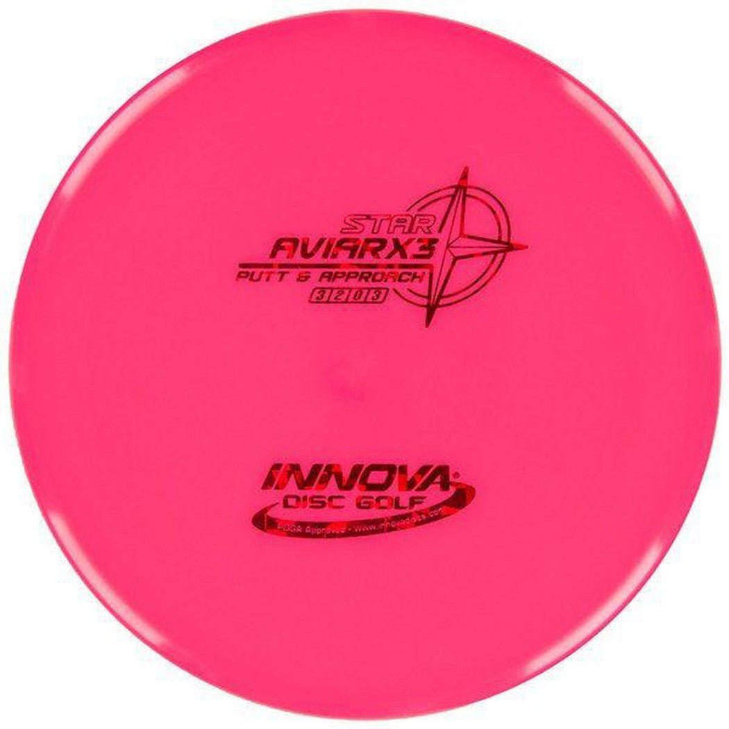 A pink Innova Disc Golf Star Aviar X3 disc golf disc with the Innova logo and a compass design on it.