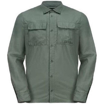 A front view of the Jack Wolfskin Men's Barrier Long Sleeve Shirt in Cool Grey showing two chest pockets and a button-up front against a white background.