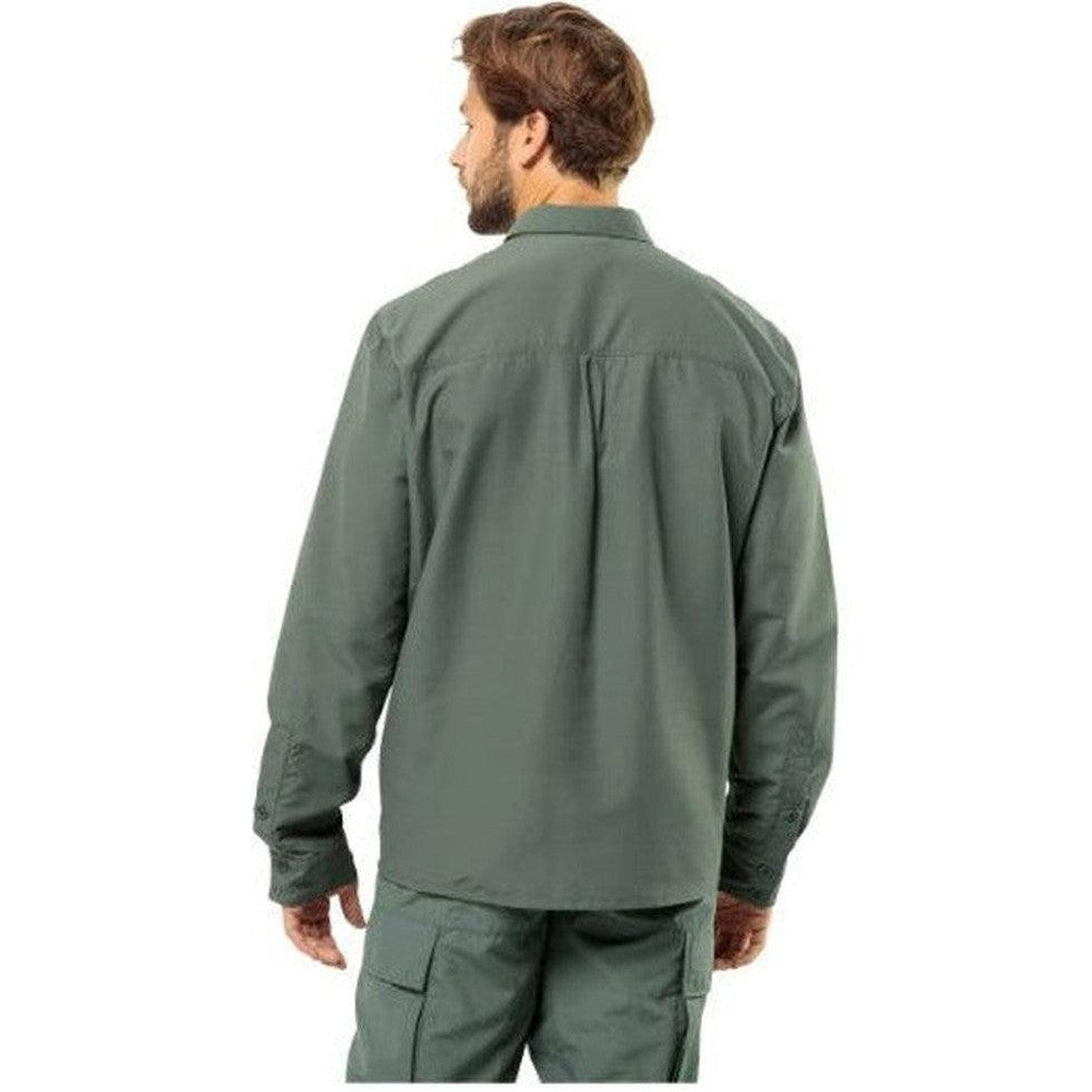 Back view of the Jack Wolfskin Men's Barrier Long Sleeve Shirt in Cool Grey on a white background.