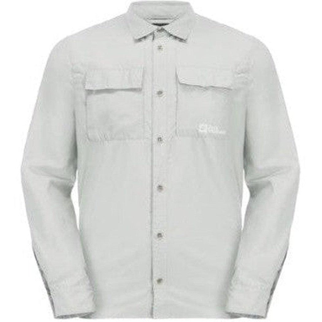 A front view of the Jack Wolfskin Men's Barrier Long Sleeve Shirt in Cool Grey showing two chest pockets and a white background.