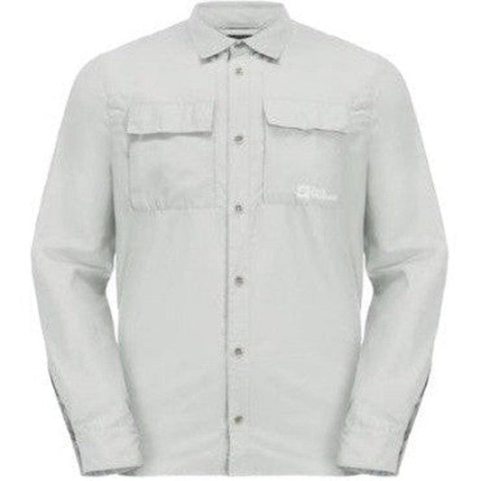 A front view of the Jack Wolfskin Men's Barrier Long Sleeve Shirt in Cool Grey showing two chest pockets and a white background.