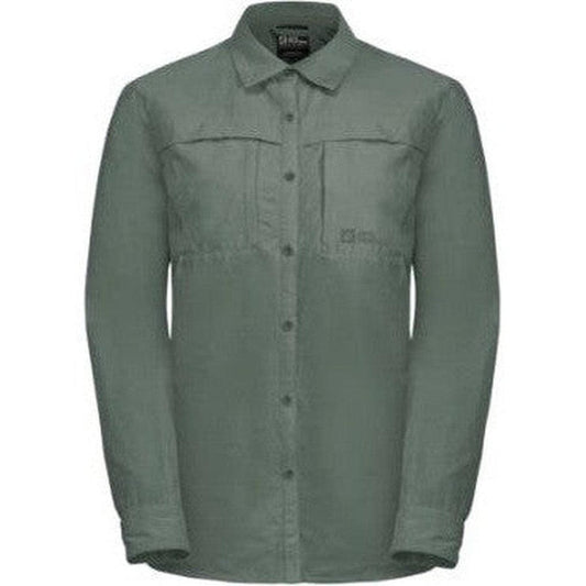 A front view of the Jack Wolfskin Women's Barrier Long Sleeve Shirt in Cool Grey with a button front and chest pockets against a white background.