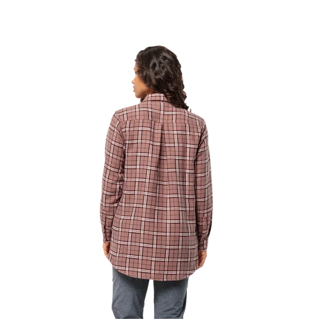 Back view of the Jack Wolfskin Women's Morgenluft Shirt in Afterglow, showing the plaid pattern and long sleeves against a white background.