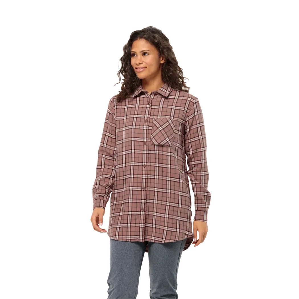 A front view of the Jack Wolfskin Women's Morgenluft Shirt in Afterglow, showing the chest pocket and plaid pattern against a white background.