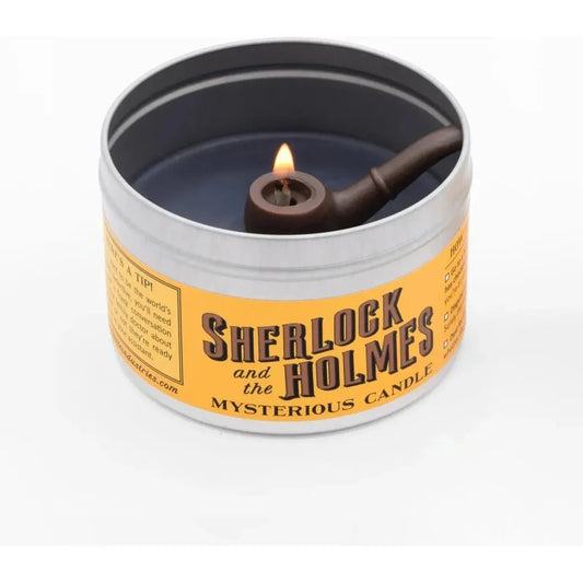 A round tin of JD and Kate Industries Sherlock Holmes Scented Candle with a lit pipe inside, photographed from above against a white background.