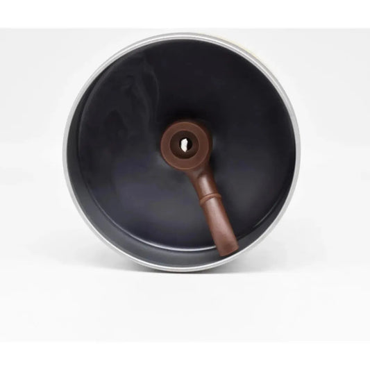 Back view of the JD and Kate Industries Sherlock Holmes Scented Candle showing the brown wick and black wax against a white background.