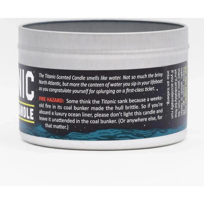 Back view of the JD and Kate Industries Titanic Scented Candle showing the label and silver container against a white background.